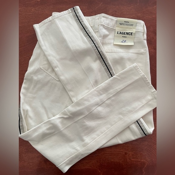 L'agence Nadia Jeans 24 High Rise Cropped Straight Stretch Pant Metallic Striped - Picture 8 of 15